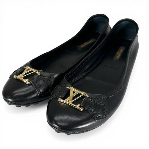 Great LOUIS VUITTON Ballet shoes LV logo flat shoes black leather Women 36