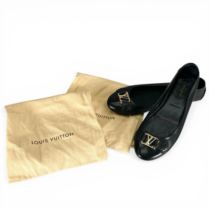 Great LOUIS VUITTON Ballet shoes LV logo flat shoes black leather Women 36