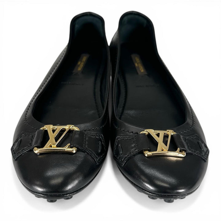 Great LOUIS VUITTON Ballet shoes LV logo flat shoes black leather Women 36