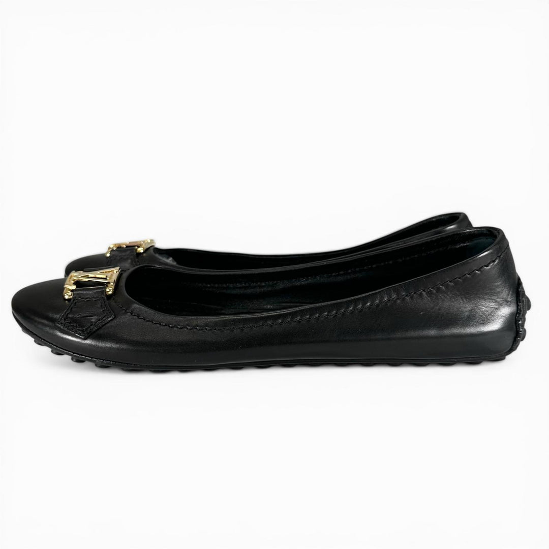 Great LOUIS VUITTON Ballet shoes LV logo flat shoes black leather Women 36