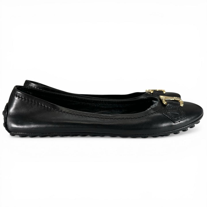 Great LOUIS VUITTON Ballet shoes LV logo flat shoes black leather Women 36
