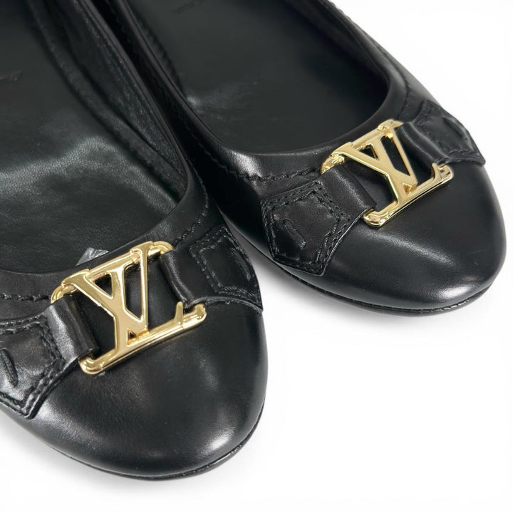 Great LOUIS VUITTON Ballet shoes LV logo flat shoes black leather Women 36