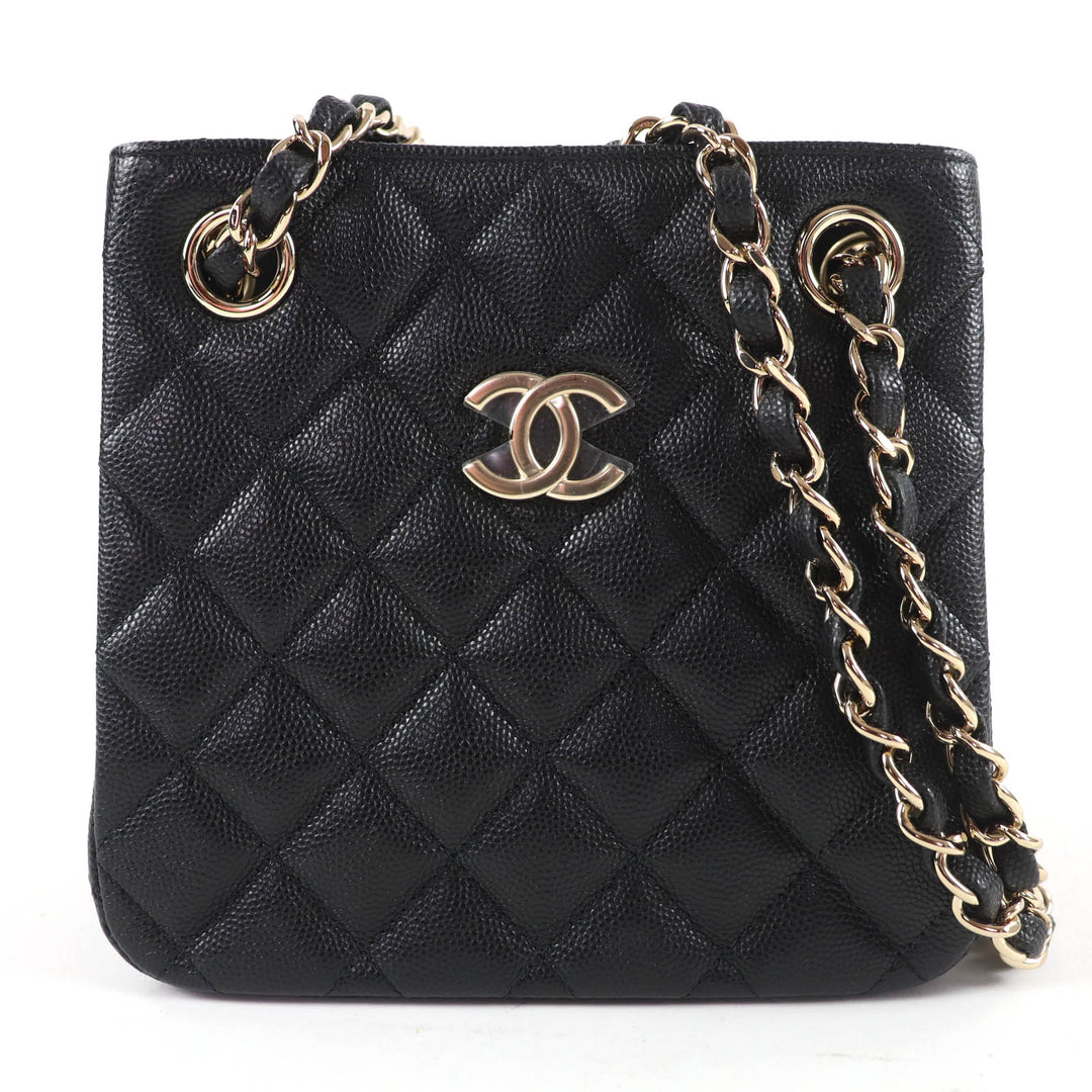 Pristine CHANEL Matelassé COCO Mark Mini Bucket Chain Shoulder Bag black AS3176