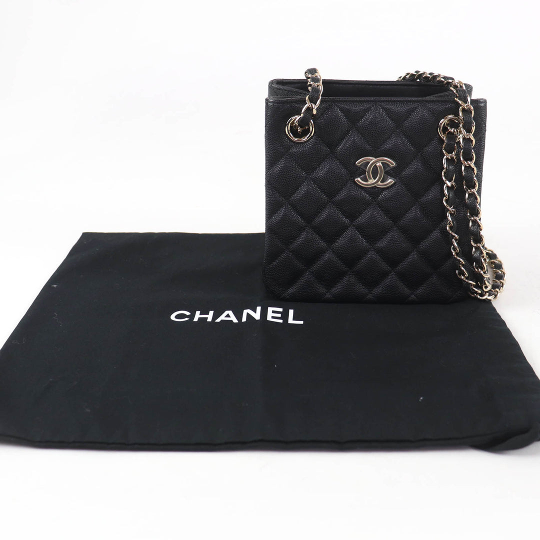Pristine CHANEL Matelassé COCO Mark Mini Bucket Chain Shoulder Bag black AS3176