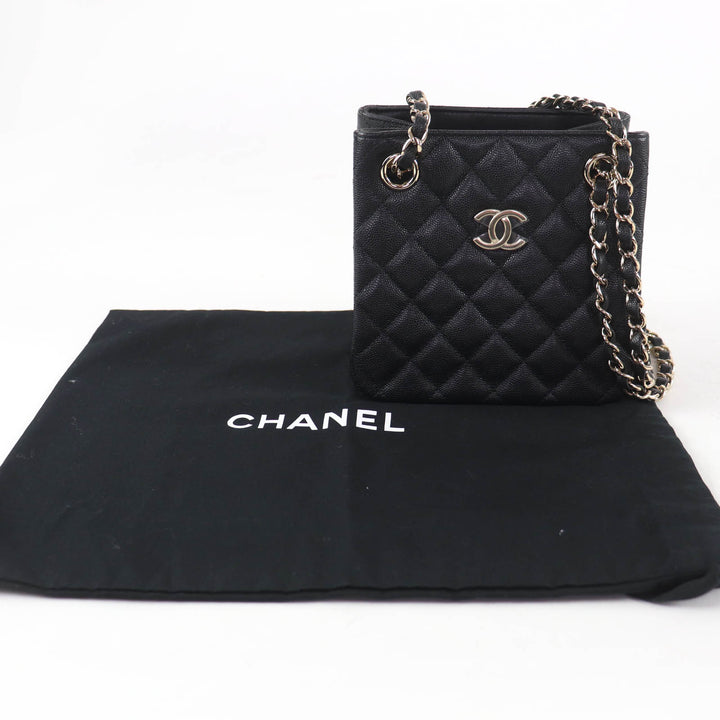 Pristine CHANEL Matelassé COCO Mark Mini Bucket Chain Shoulder Bag black AS3176