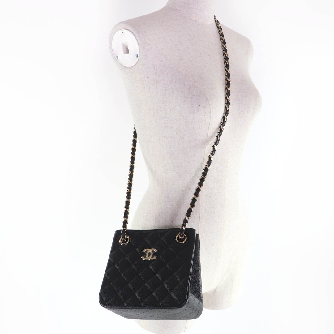 Pristine CHANEL Matelassé COCO Mark Mini Bucket Chain Shoulder Bag black AS3176