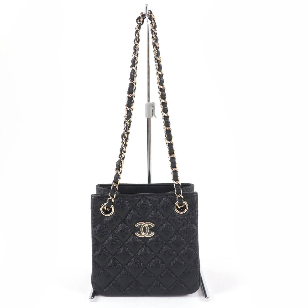 Pristine CHANEL Matelassé COCO Mark Mini Bucket Chain Shoulder Bag black AS3176