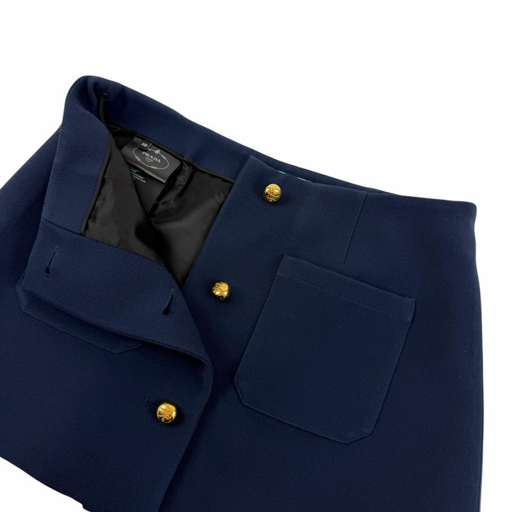 Excellent PRADA Mini skirt With logo button Navy wool Women 38 P128J