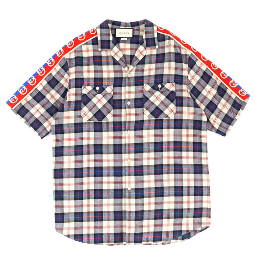 Great GUCCI Short sleeve shirt GG TAPED LOGO Check Bowling Shirt 48 619025