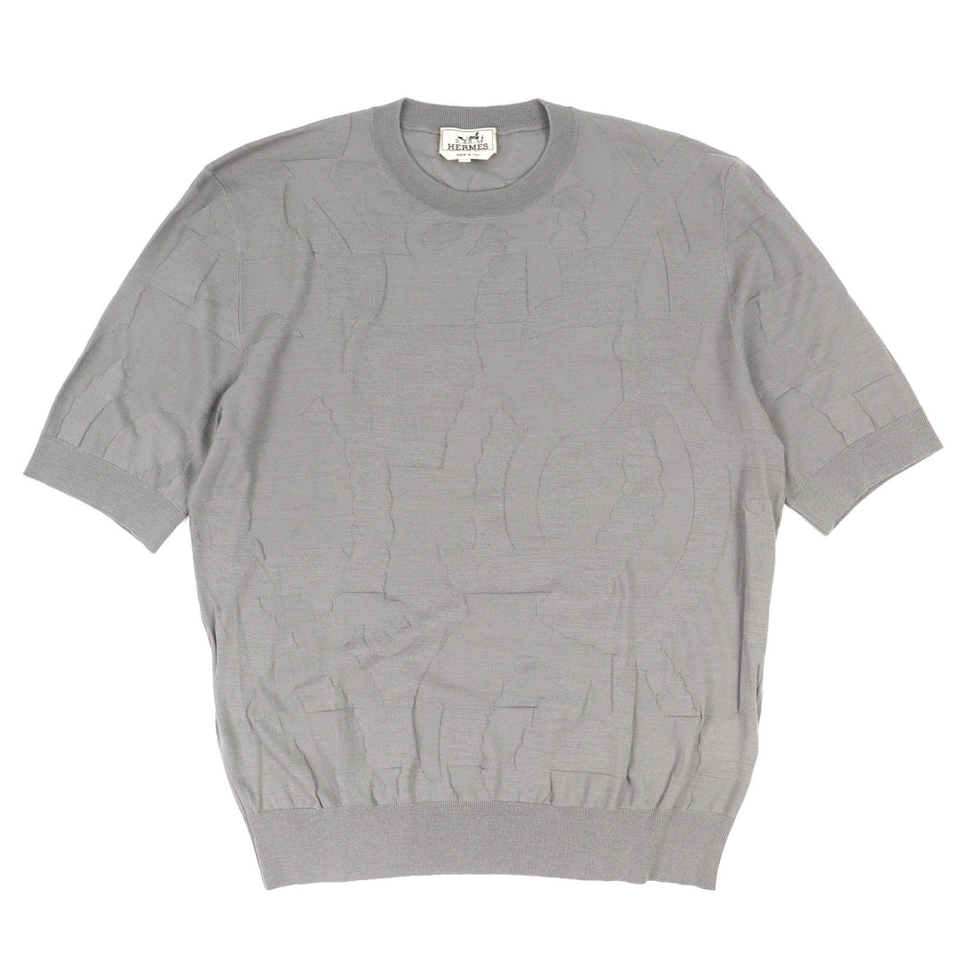 Excellent HERMES Short sleeve knit Equestrian Fragments Crew neck gray wool XL