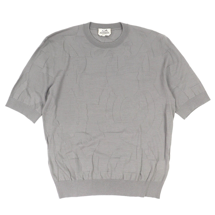 Excellent HERMES Short sleeve knit Equestrian Fragments Crew neck gray wool XL