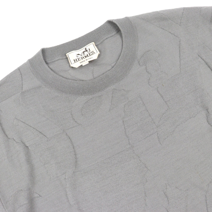 Excellent HERMES Short sleeve knit Equestrian Fragments Crew neck gray wool XL