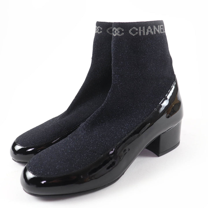 Excellent CHANEL boots Logo-emblazoned patent leather sock boots black 34.5