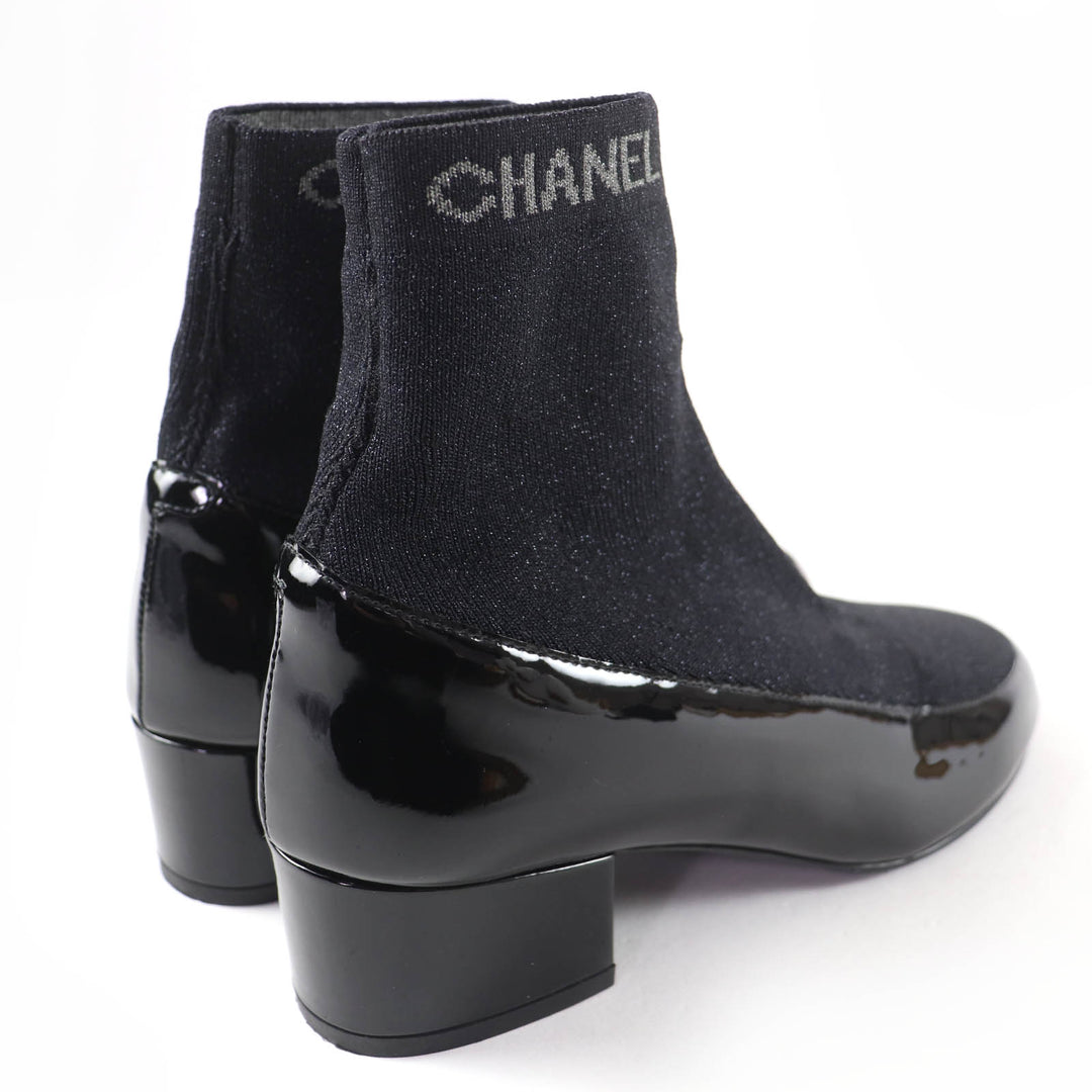 Excellent CHANEL boots Logo-emblazoned patent leather sock boots black 34.5
