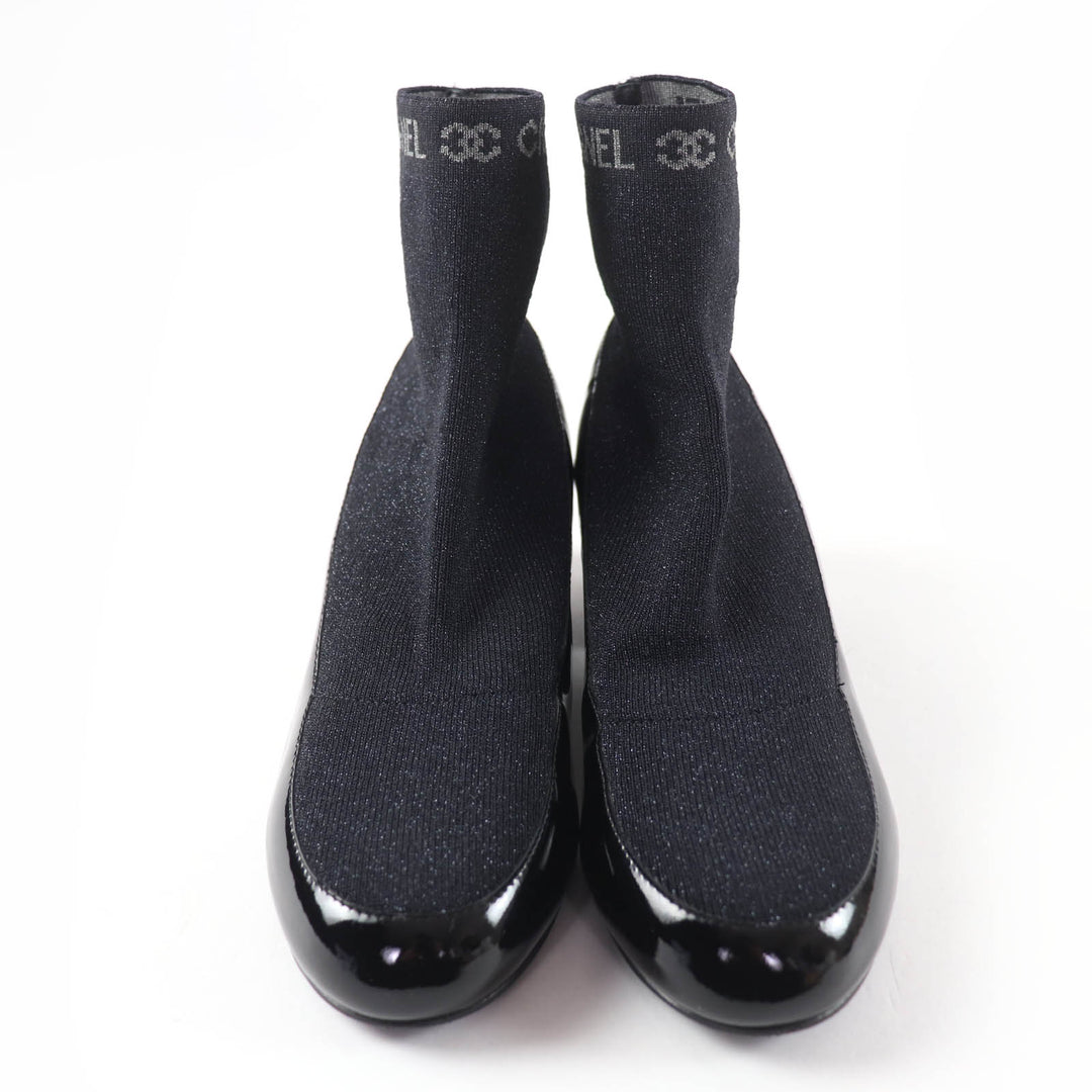 Excellent CHANEL boots Logo-emblazoned patent leather sock boots black 34.5