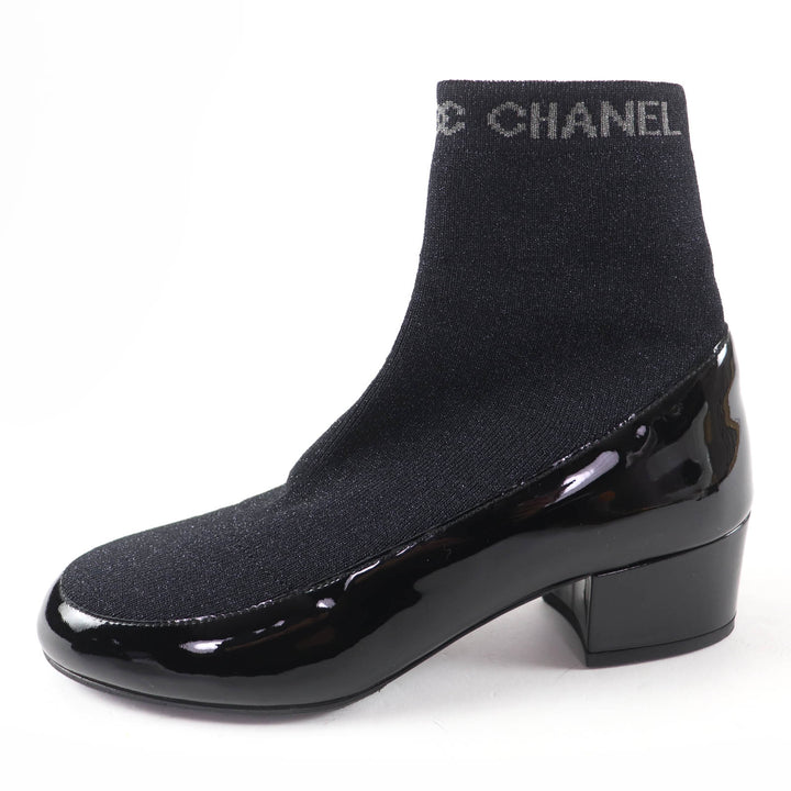 Excellent CHANEL boots Logo-emblazoned patent leather sock boots black 34.5