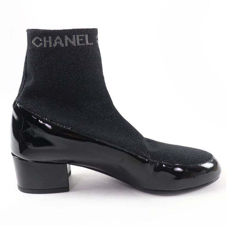 Excellent CHANEL boots Logo-emblazoned patent leather sock boots black 34.5