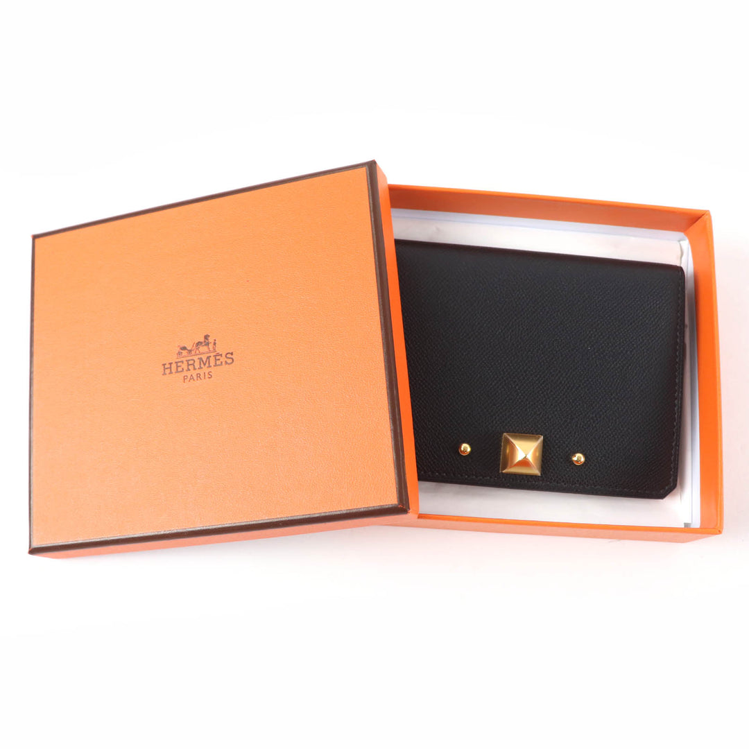 Pristine HERMES Card Case Medall Card Case Medor Metal black Vaugham Leather