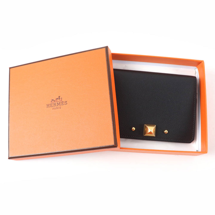 Pristine HERMES Card Case Medall Card Case Medor Metal black Vaugham Leather