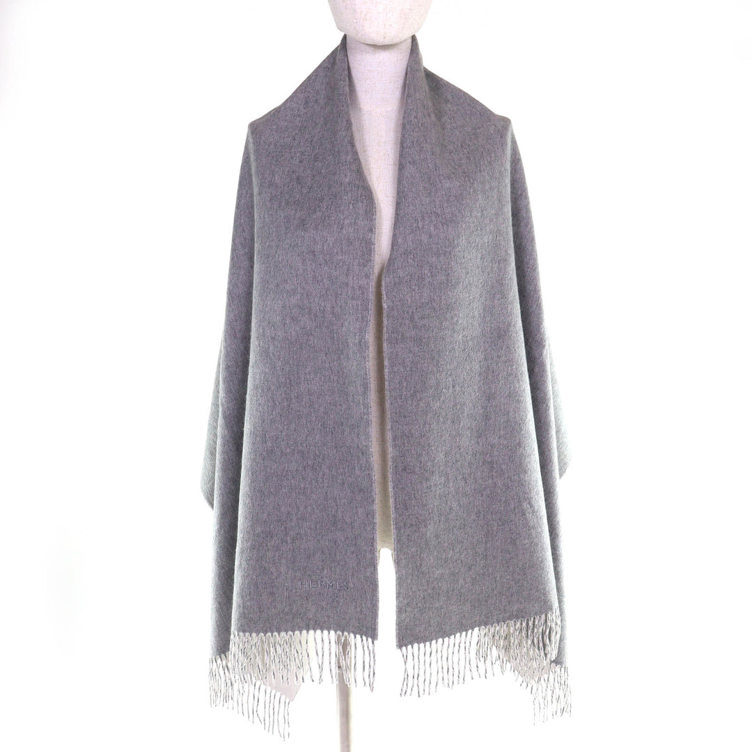 Excellent HERMES shawl Logo embroidered double-faced fringe cashmere H259130S