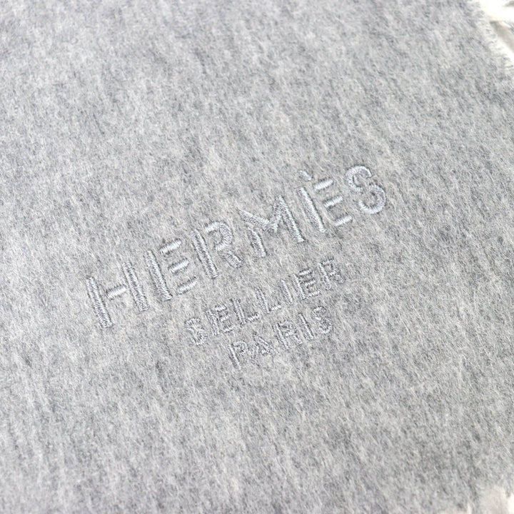 Excellent HERMES shawl Logo embroidered double-faced fringe cashmere H259130S