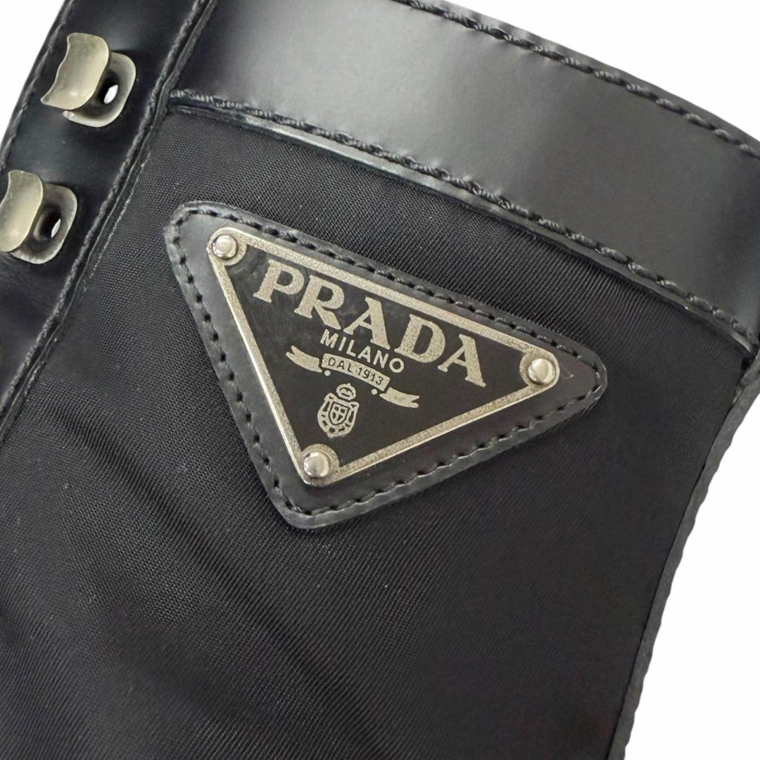 Great PRADA Ankle boots triangle logo triangle plate black leather mens 6 2UE006
