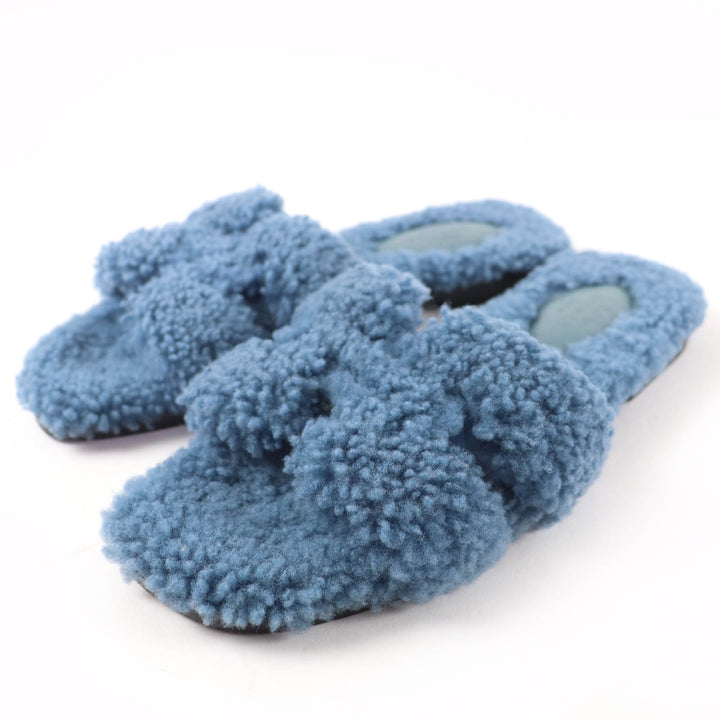 Great HERMES Sandals Oran Mules Flats blue Mouton Women 35