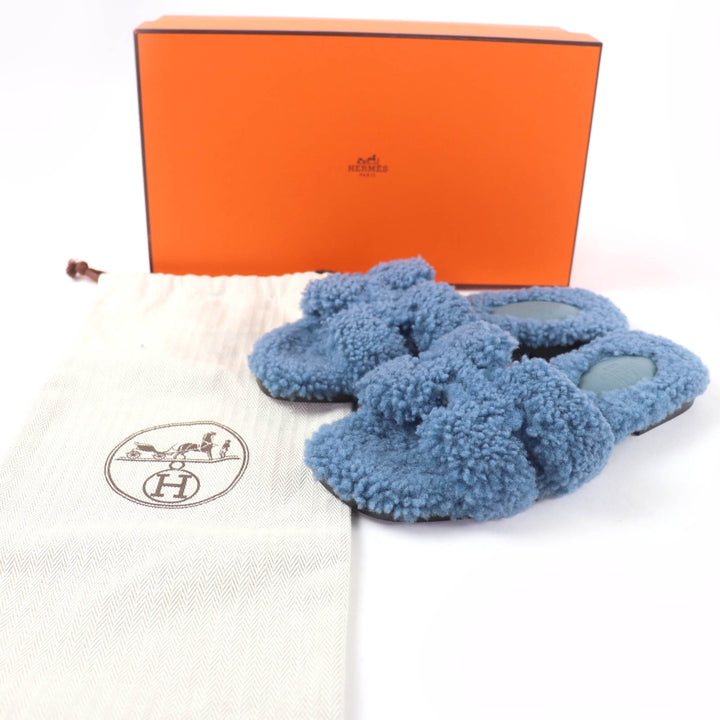Great HERMES Sandals Oran Mules Flats blue Mouton Women 35