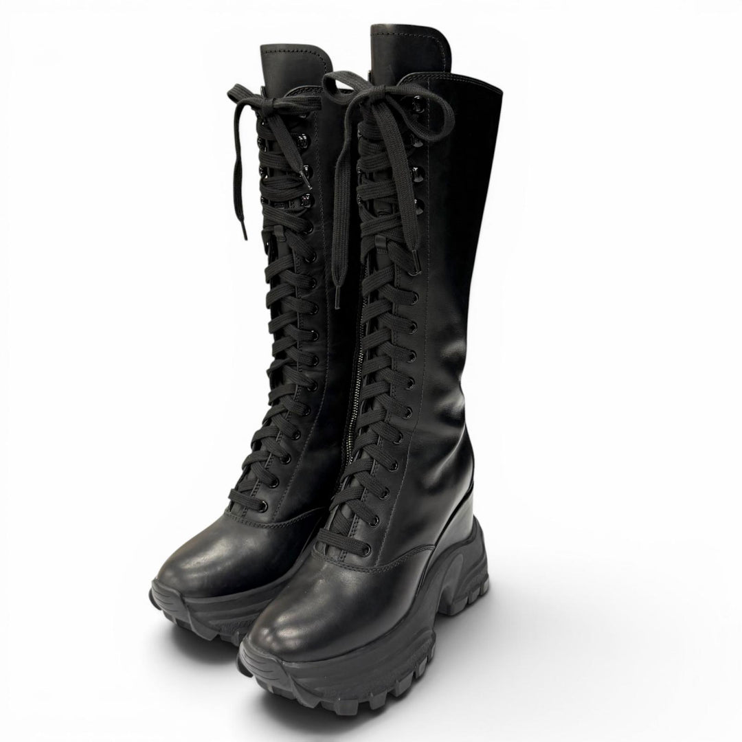 Very Good MIUMIU Knee-high boots Side zip lace-up leather black 38.5 5UZ021