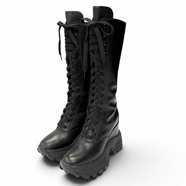Very Good MIUMIU Knee-high boots Side zip lace-up leather black 38.5 5UZ021