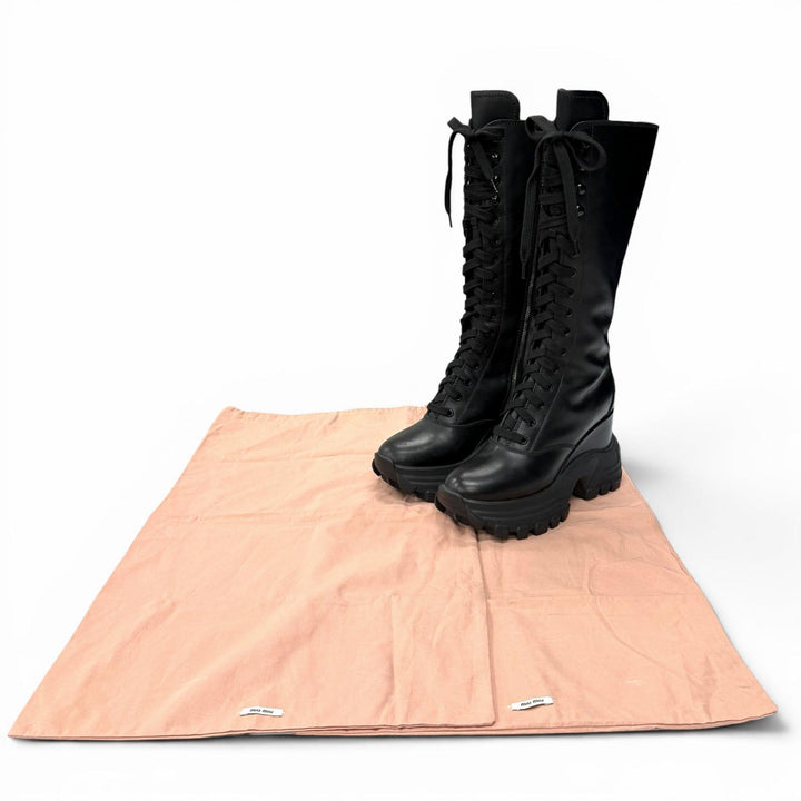 Very Good MIUMIU Knee-high boots Side zip lace-up leather black 38.5 5UZ021