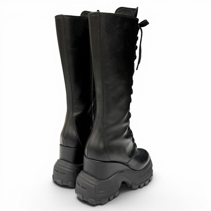 Very Good MIUMIU Knee-high boots Side zip lace-up leather black 38.5 5UZ021