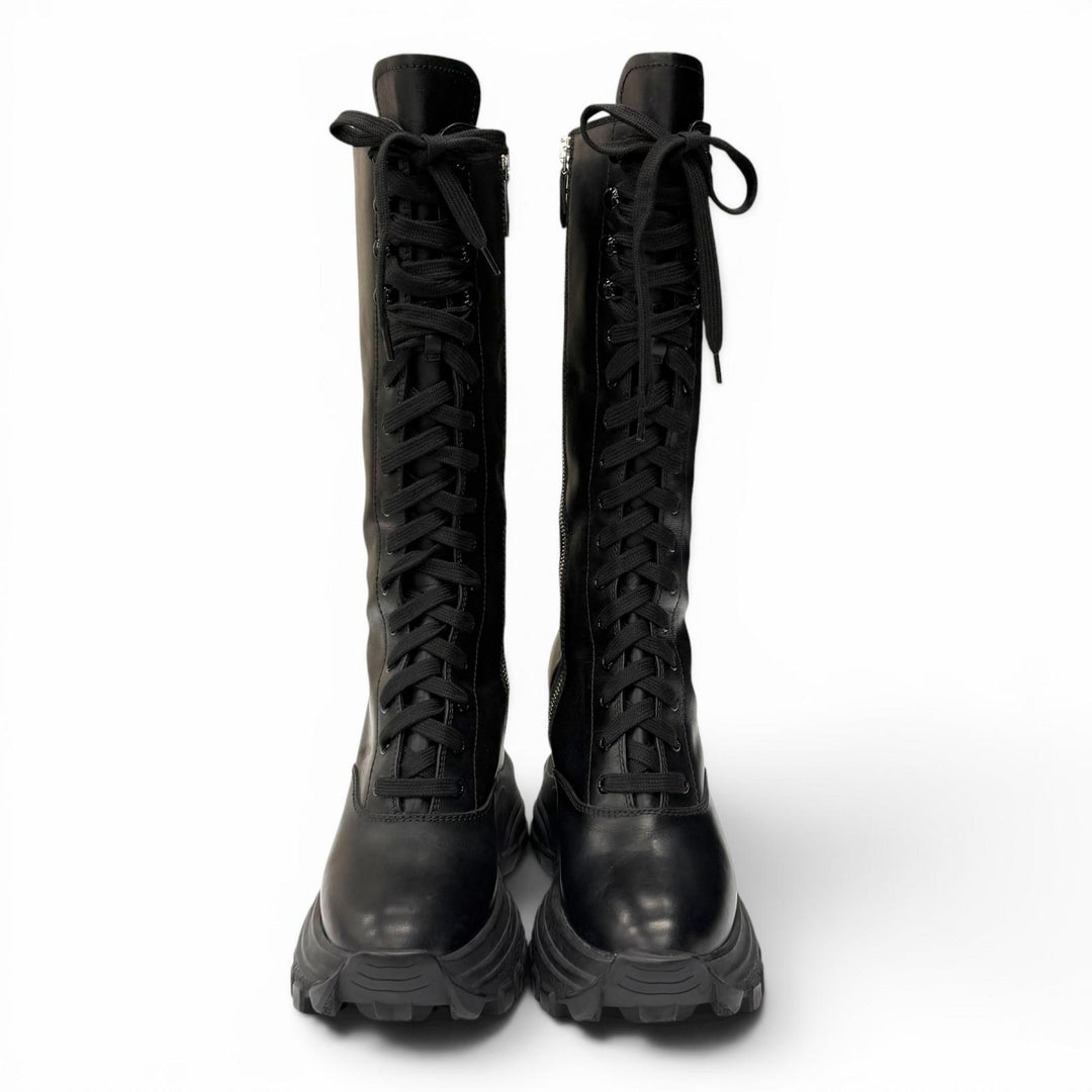 Very Good MIUMIU Knee-high boots Side zip lace-up leather black 38.5 5UZ021
