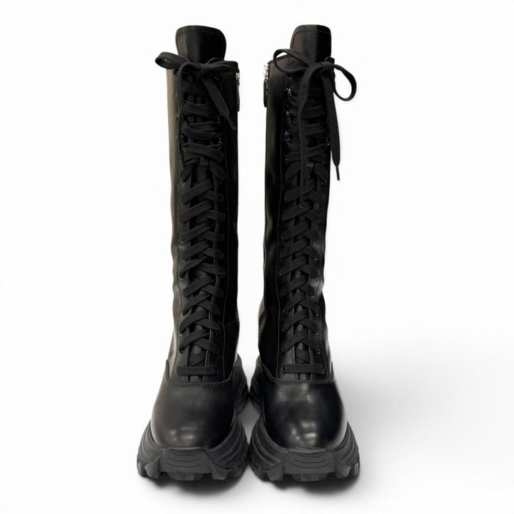 Very Good MIUMIU Knee-high boots Side zip lace-up leather black 38.5 5UZ021