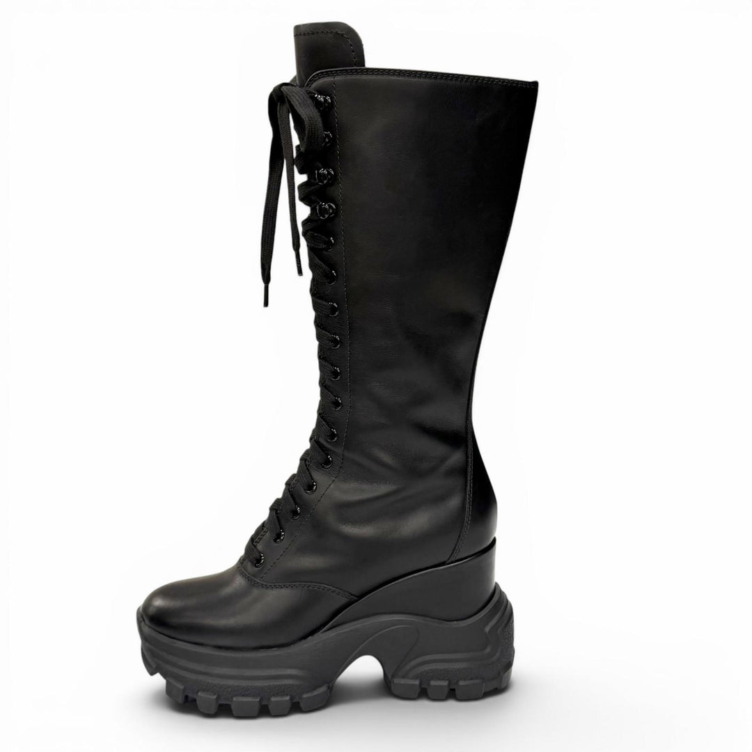 Very Good MIUMIU Knee-high boots Side zip lace-up leather black 38.5 5UZ021