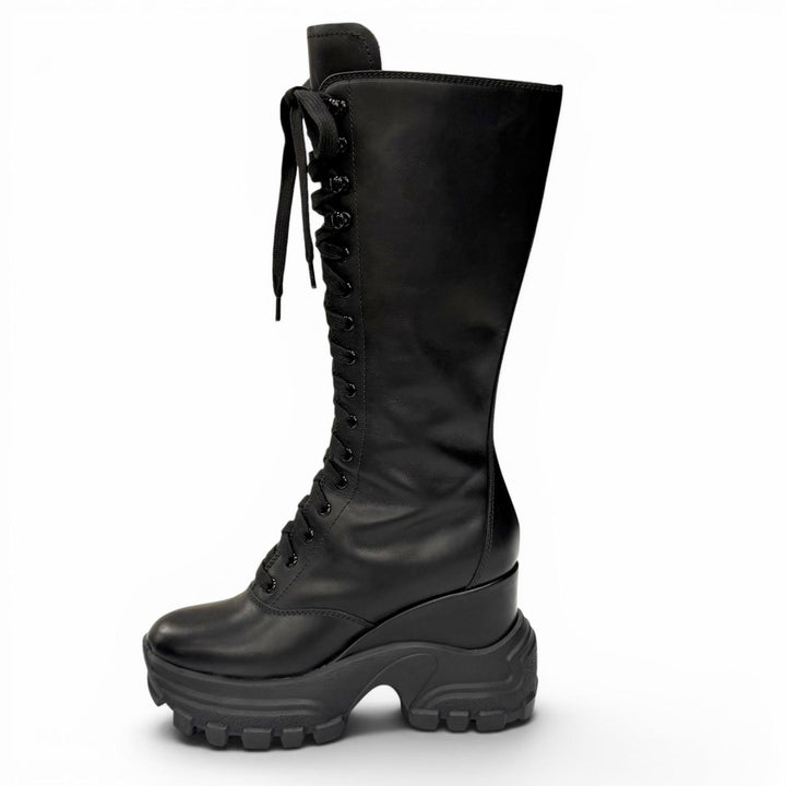 Very Good MIUMIU Knee-high boots Side zip lace-up leather black 38.5 5UZ021