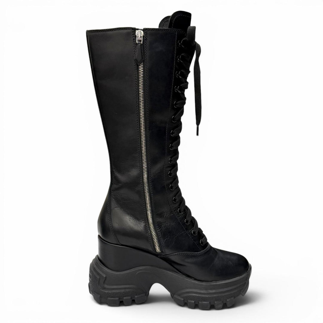 Very Good MIUMIU Knee-high boots Side zip lace-up leather black 38.5 5UZ021