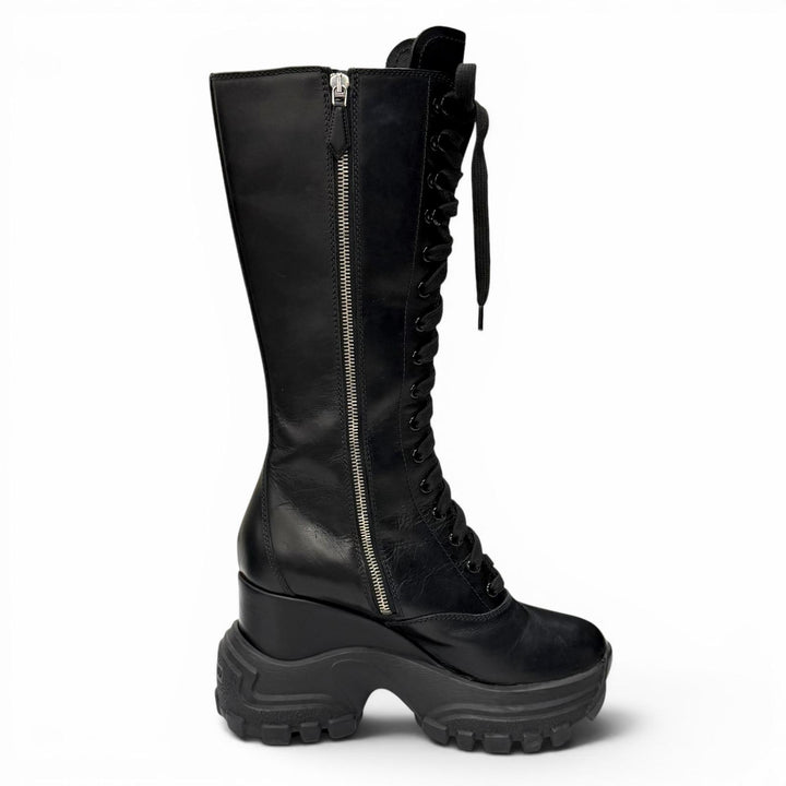 Very Good MIUMIU Knee-high boots Side zip lace-up leather black 38.5 5UZ021