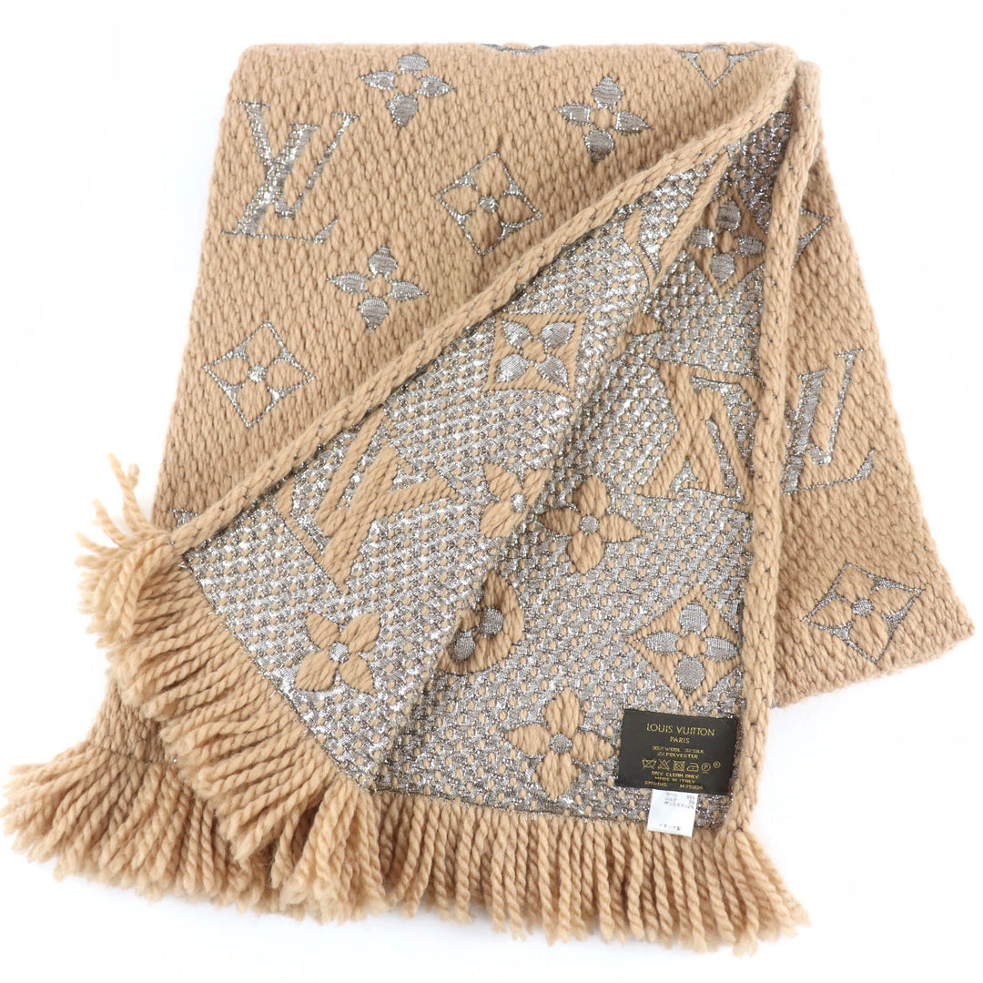 Great LOUIS VUITTON Scarf Escalp Logomania Shine With fringe beige wool M75834