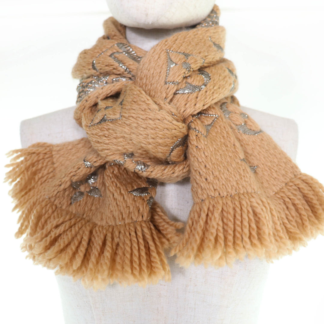 Great LOUIS VUITTON Scarf Escalp Logomania Shine With fringe beige wool M75834