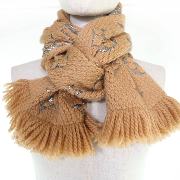 Great LOUIS VUITTON Scarf Escalp Logomania Shine With fringe beige wool M75834