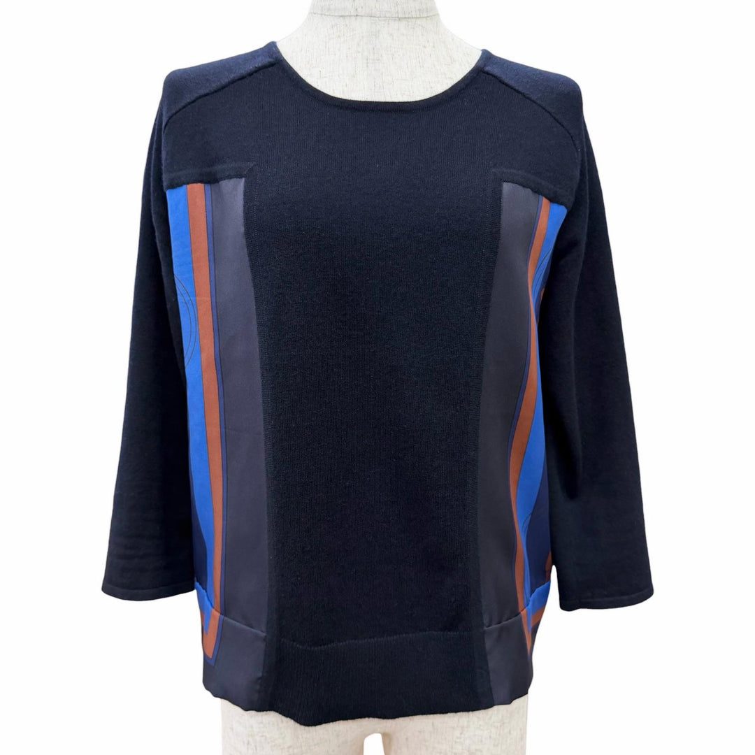 Great HERMES Carriage Pattern Twill Crew Neck Long Sleeve Knit Top Navy silk 34