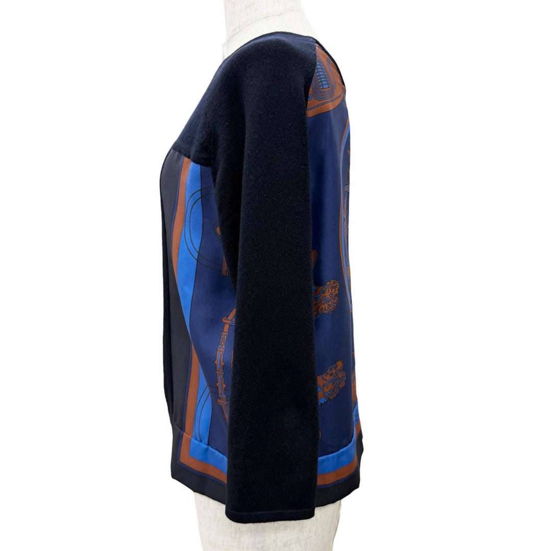 Great HERMES Carriage Pattern Twill Crew Neck Long Sleeve Knit Top Navy silk 34