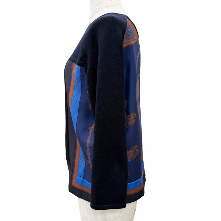 Great HERMES Carriage Pattern Twill Crew Neck Long Sleeve Knit Top Navy silk 34