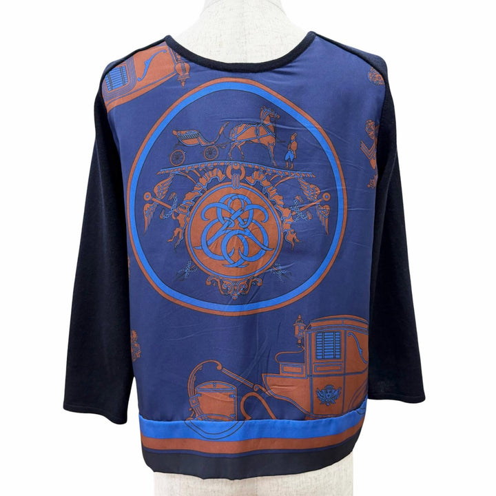 Great HERMES Carriage Pattern Twill Crew Neck Long Sleeve Knit Top Navy silk 34
