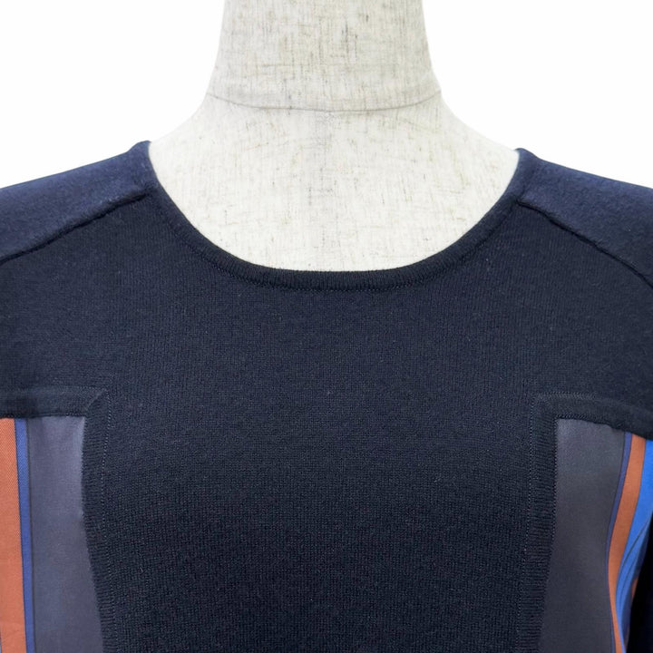 Great HERMES Carriage Pattern Twill Crew Neck Long Sleeve Knit Top Navy silk 34