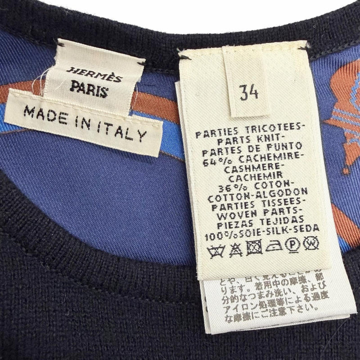 Great HERMES Carriage Pattern Twill Crew Neck Long Sleeve Knit Top Navy silk 34