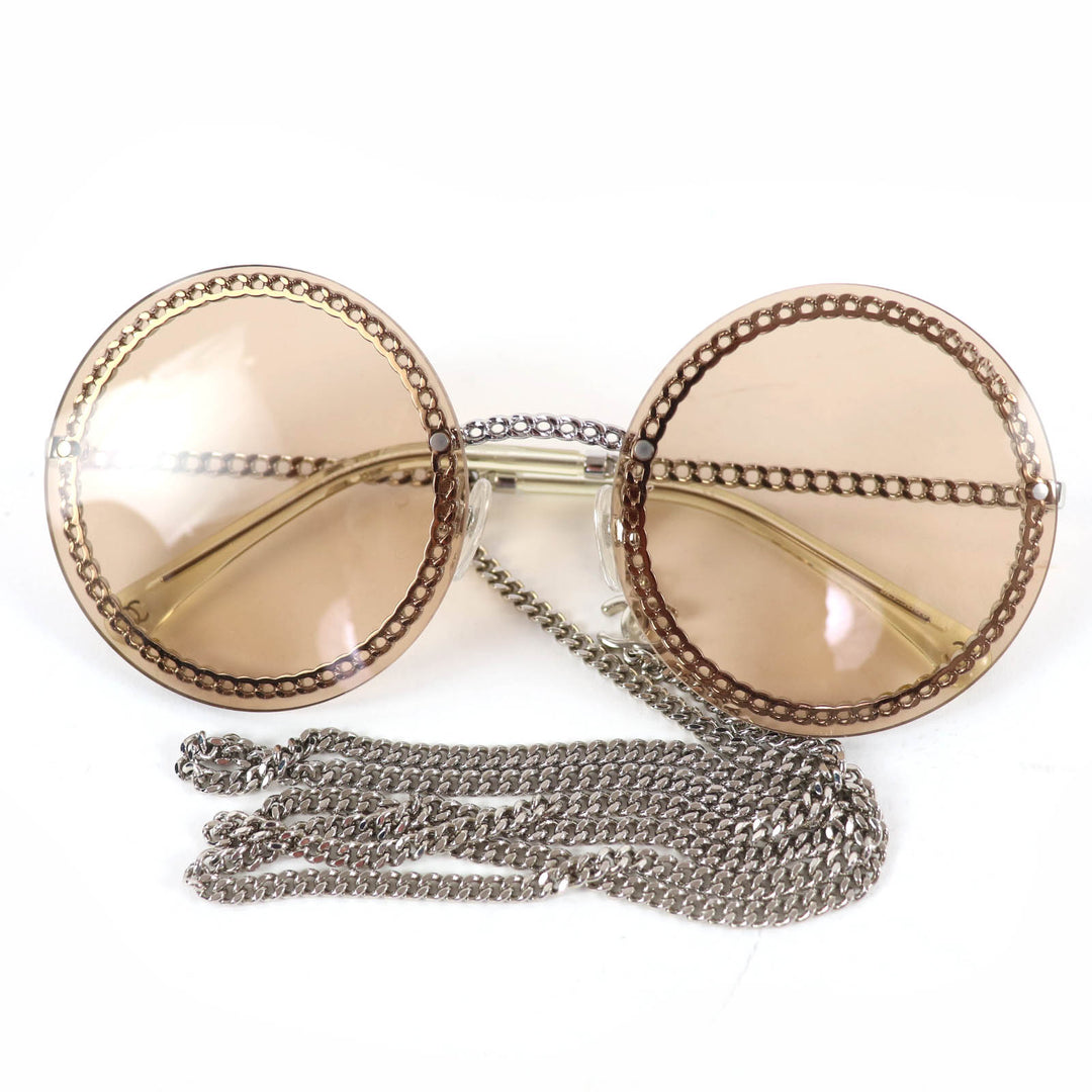 Great CHANEL sunglasses COCO MarkChain Round Silver Women