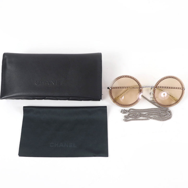 Great CHANEL sunglasses COCO MarkChain Round Silver Women