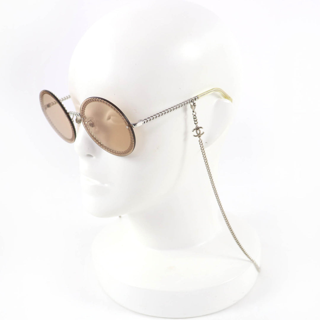 Great CHANEL sunglasses COCO MarkChain Round Silver Women